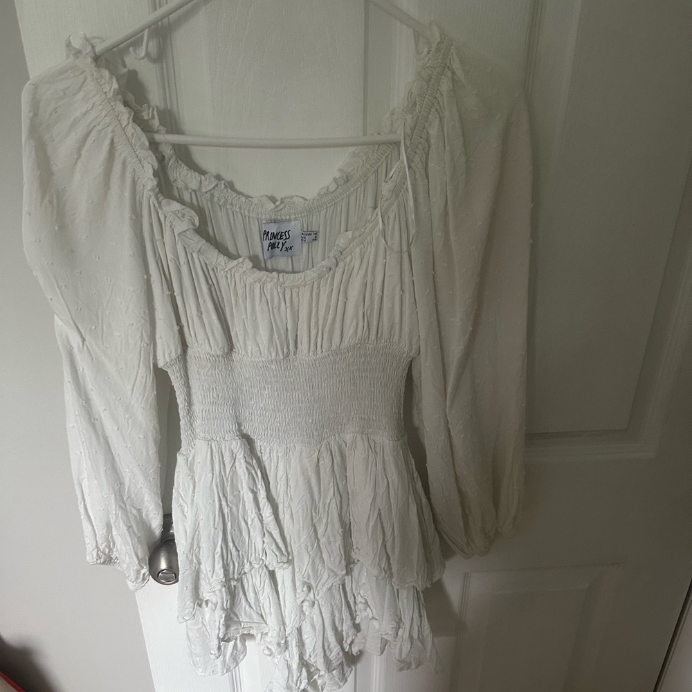 Princess Polly Cream Smocked Ruffled Blouse 3/4 Sleeve